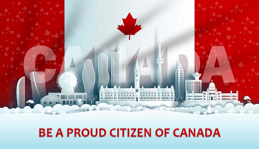 Happy patriotic celebration Canada Day with red flag maple leaf.